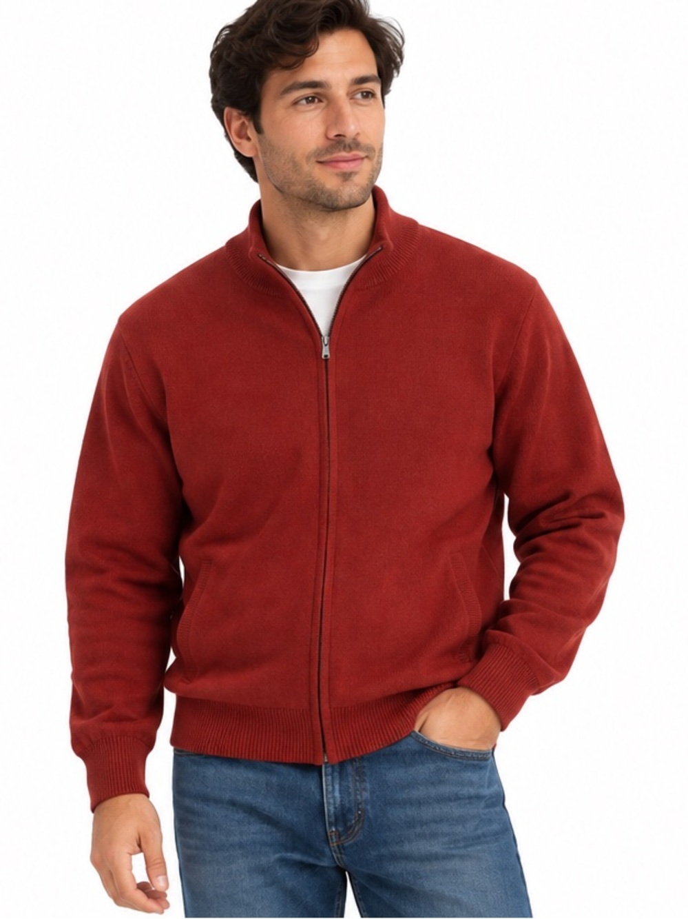 L.L.Bean Cotton Cashmere Full Zip Sweater Burnt Orange M Mock Neck Ribbed Knit